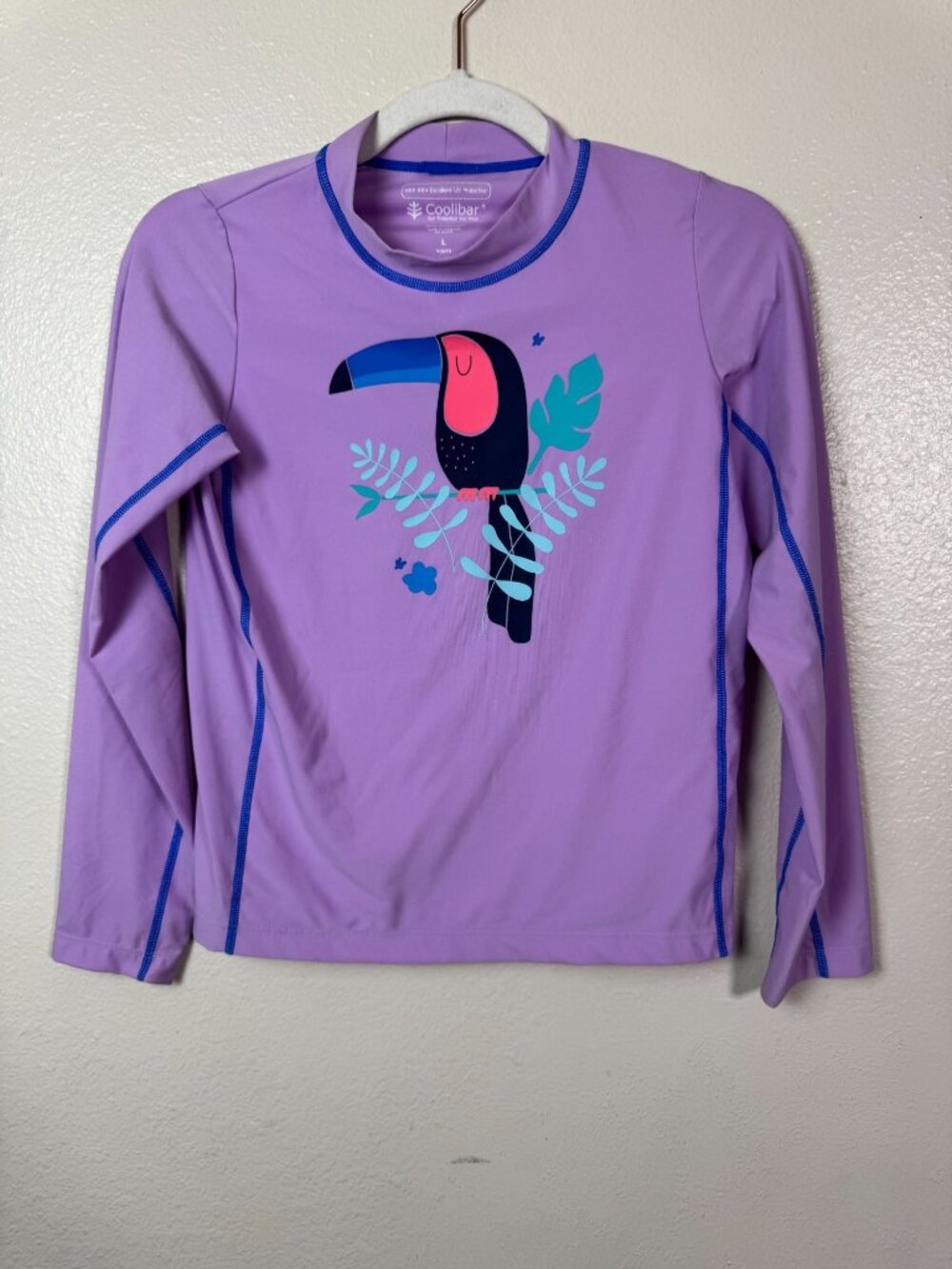 Coolibar Rashguard Youth Large Purple Long Sleeve Swim Shirt Top UPF 50 Toucan